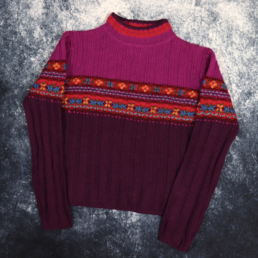 Vintage 90s Purple Floral Pattern High Neck Grandma Jumper Medium Etsy