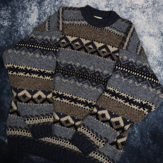 Vintage Baby Blue, Navy & Beige Aztec Grandad Jump