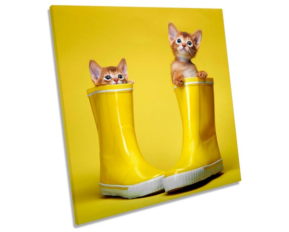 Cute Kitten Cats Wellies Picture CANVAS WALL ART Square Print