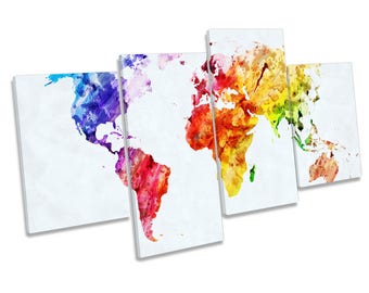 Map of the World Colourful Print CANVAS WALL ART Multi Panel Picture
