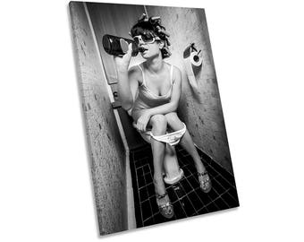 Girl Drinking on Toilet Urban Framed CANVAS WALL ART Print Picture