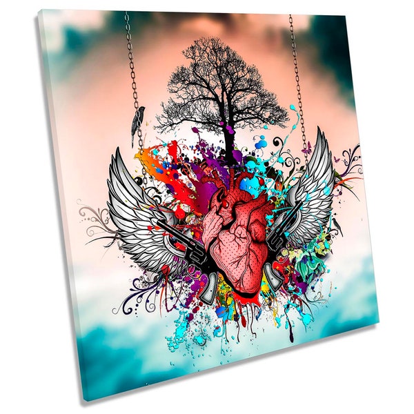 Heart Graffiti Angel Urban Picture CANVAS WALL ART Square Print Multi-Coloured