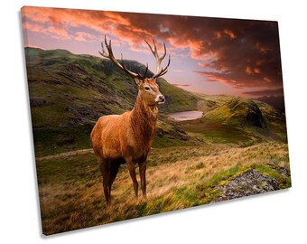 Deer Stag Highlands Sunset Picture CANVAS WALL ART Print