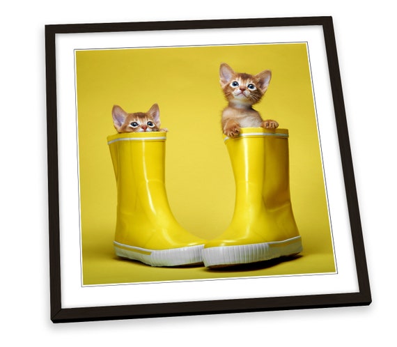 Cute Kitten Cats Wellies Yellow FRAMED ART PRINT Picture Square Artwork Etsy