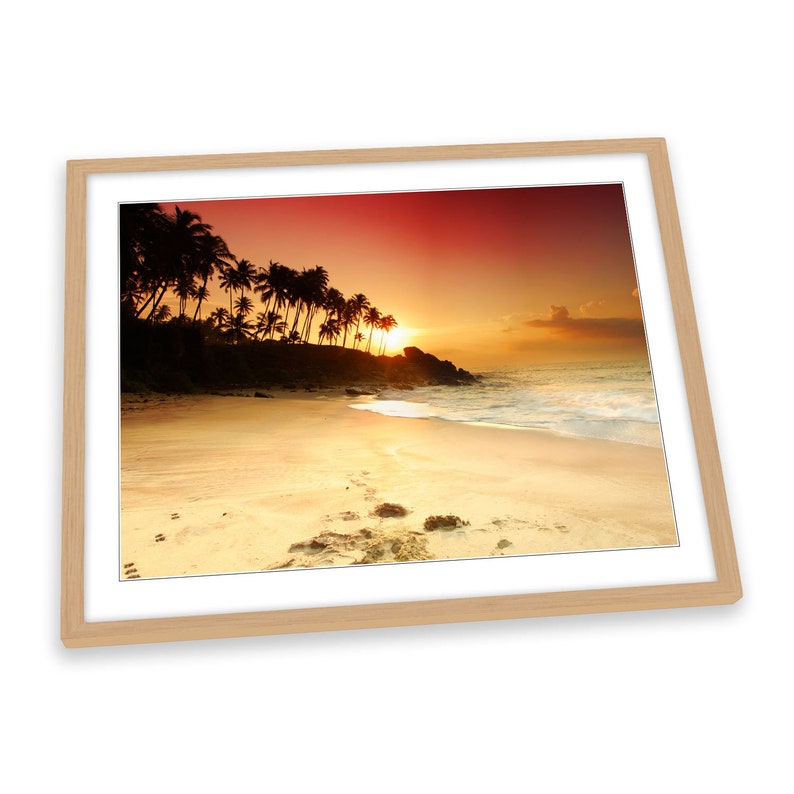 Sandy Beach Sunset Tropical Sun Orange FRAMED ART PRINT Picture Poster