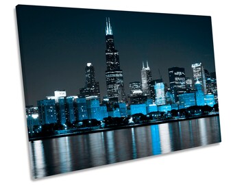 Chicago Skyline Illinois Blue Print CANVAS WALL ART Picture Framed