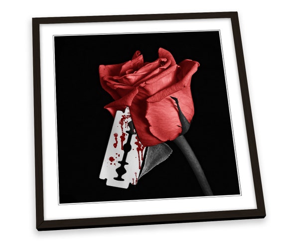 Red Rose Razor Blade Floral FRAMED ART PRINT Picture Square