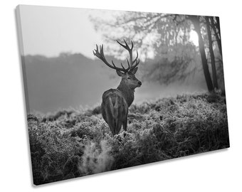 Stag Deer Sunset Forest Black and White CANVAS WALL ART Picture Print