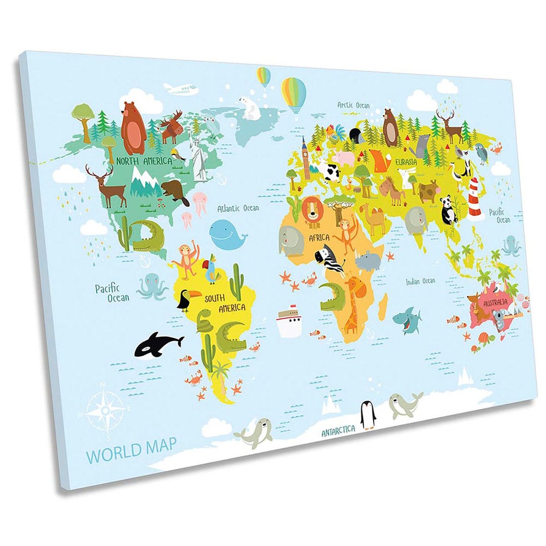 Map World Kids Room CANVAS WALL ART Picture Print - Etsy