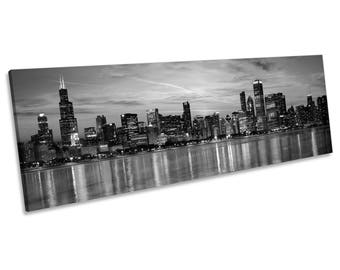 Chicago Illinois Sunset Skyline B&W CANVAS WALL ART Pano Framed Print