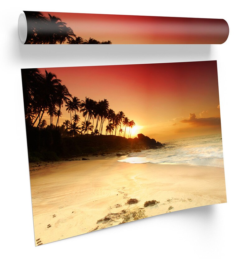 Sandy Beach Sunset Tropical Sun Orange FRAMED ART PRINT Picture Poster