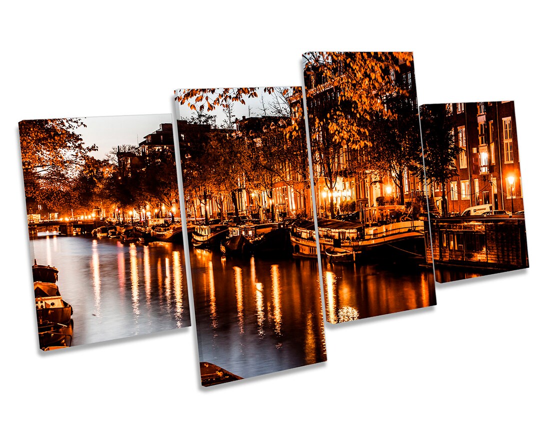 Amsterdam City Canal Night Multi CANVAS WALL ART Boxed Framed - Etsy