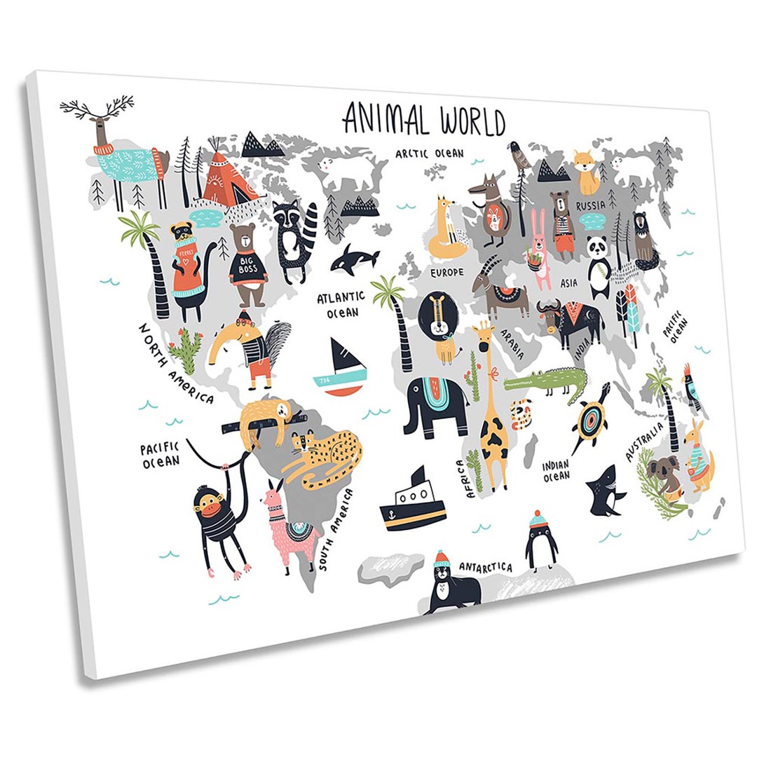 Animal World Map Kids CANVAS WALL ART Picture Print - Etsy