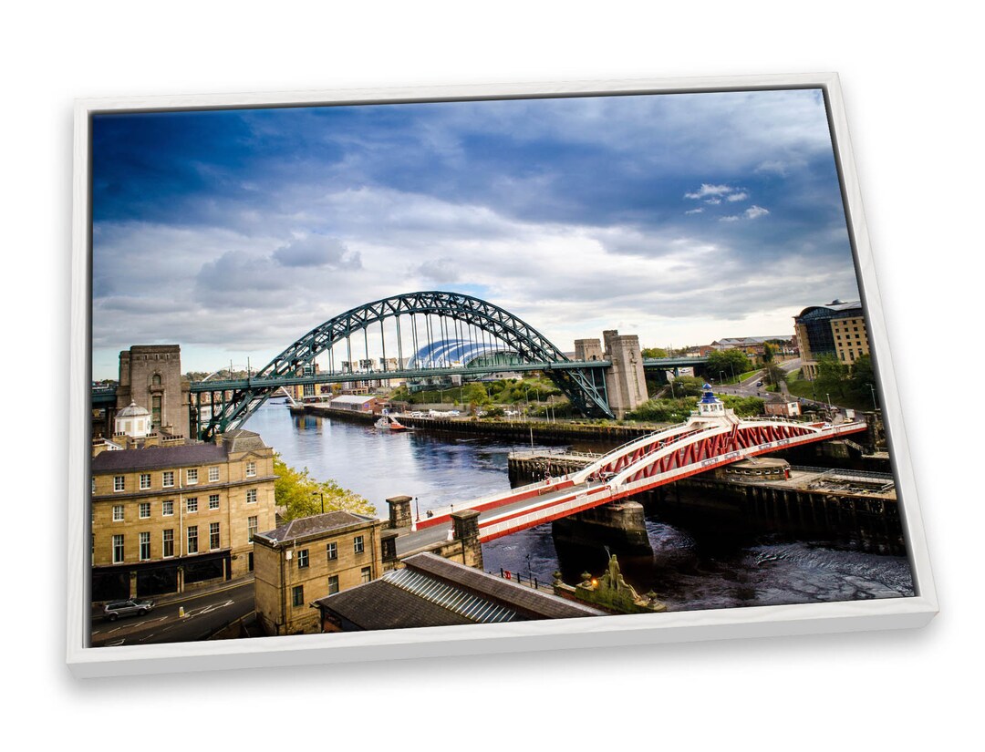 Newcastle Quayside Tyne Bridge Blue CANVAS FLOATER FRAME Wall Art Print