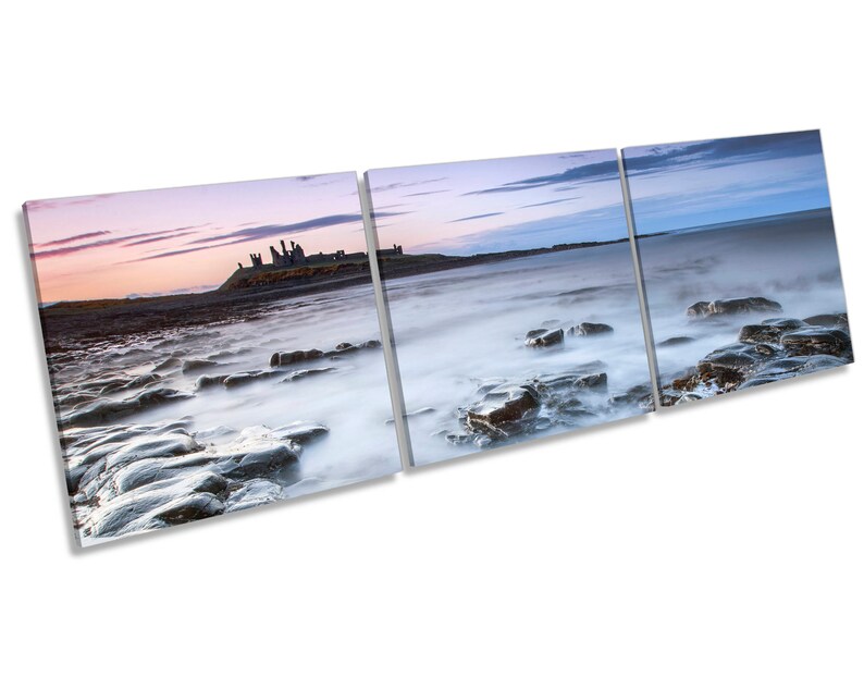 Sunset Dunstanburgh Castle Three Panel CANVAS WALL ART Box Frame Picture