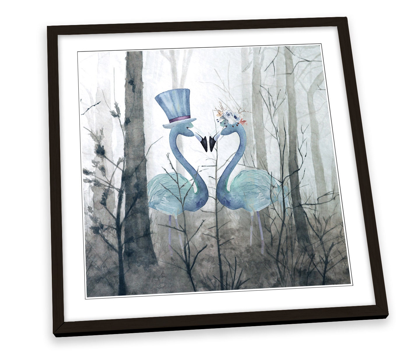 Blue Flamingo Forest Birds FRAMED ART PRINT Picture Square Artwork