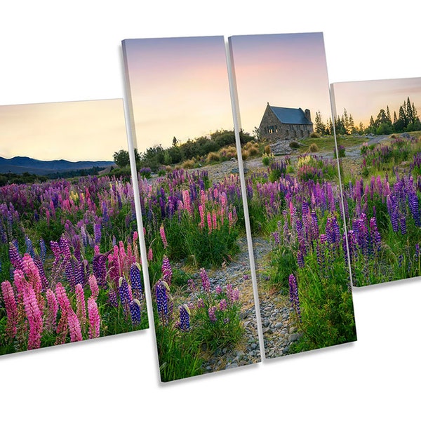 Old Church Sunrise Meadow CANVAS WALL ART Four Panel Picture