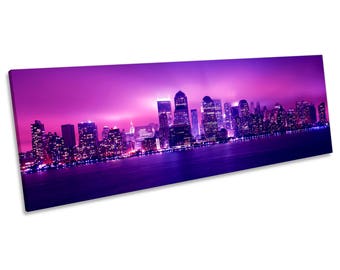 New York City Skyline Night Pink Purple CANVAS WALL ART Panoramic Framed Print