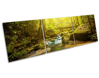 Green Forest River Bridge CANVAS WALL ART Multi Three Panel Box Frame Print