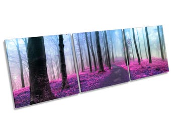 Purple Forest Misty CANVAS WALL ART Multi Three Panel Box Frame Print