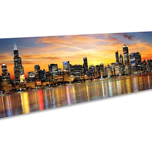 Chicago Illinois Sunset Skyline CANVAS WALL ART Panoramic Framed Print image 1