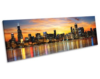 Chicago Illinois Sunset Skyline CANVAS WALL ART Panoramic Framed Print