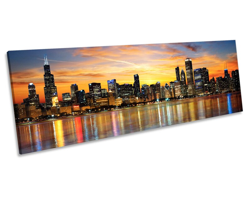 Chicago Illinois Sunset Skyline CANVAS WALL ART Panoramic Framed Print image 1