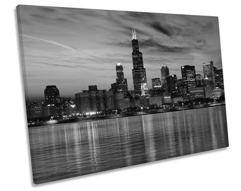 Chicago Skyline City Sunset Black and White CANVAS WALL ART Framed Print