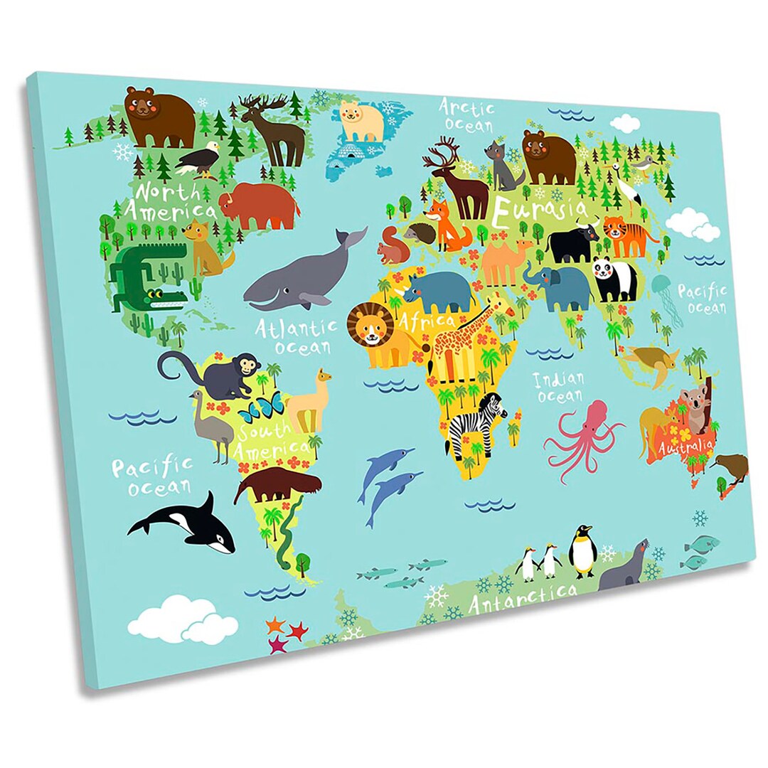 World Map Kids Animals CANVAS WALL ART Picture Print - Etsy