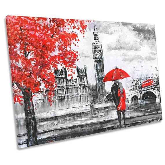 Leinwanddruck „Big Ben Mit Rosa Regenschirm“ – 76 X 51 Cm, Gerahmt, Fertig Zum Aufhängen