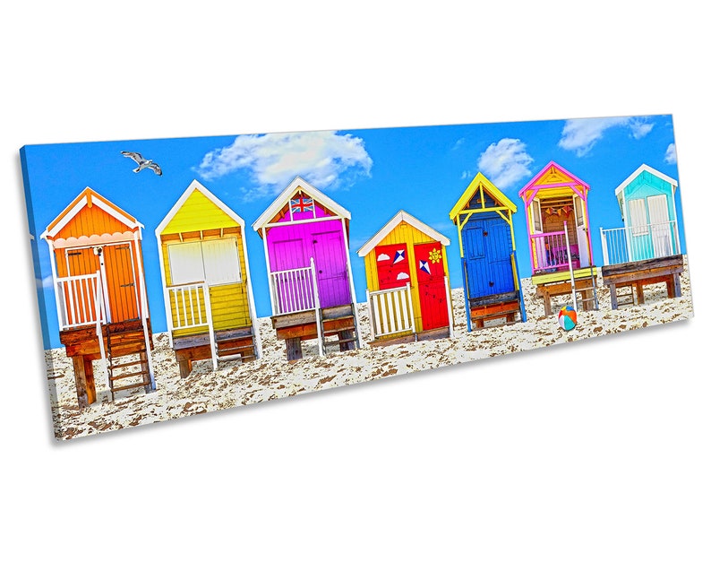 Beach Huts Seaside Holiday CANVAS WALL ART Panoramic Framed Print image 1