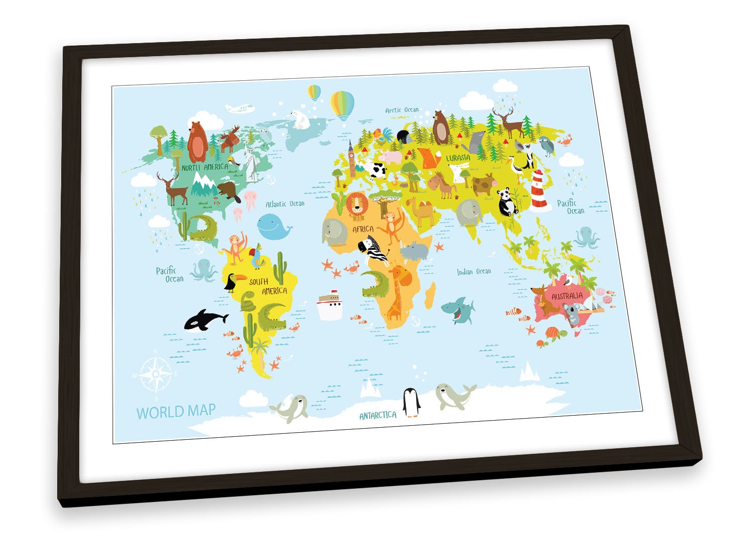 Map World Kids Room Blue FRAMED ART PRINT Picture Poster | Etsy