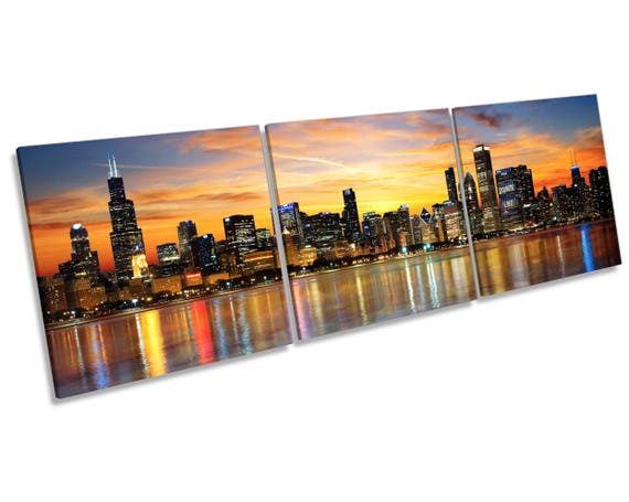 New York Skyline City Sunset TREBLE CANVAS WALL ART Box Frame Print 