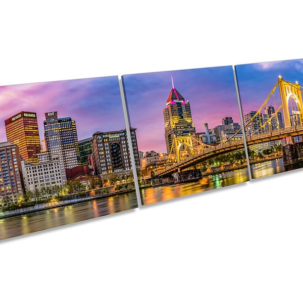 Pittsburgh City Skyline Sunset Picture CANVAS WALL ART Three Panel Print