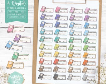 Aktualnie czytam Naklejki do planera: do druku i w wersji cyfrowej (PDF, Cricut, Silhouette Studio, wstępnie przycięte pliki PNG dla Goodnotes)