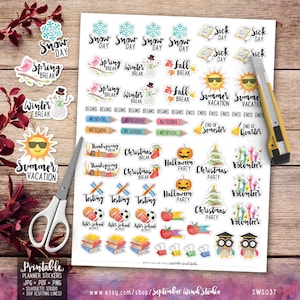 School Printable Planner Stickers, Watercolor School Stickers, Erin Condren Planner Stickers, Happy Planner image 3