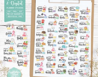 May include: A collection of printable and digital planner stickers on a clipboard. The stickers feature various themes, including holidays, food, and activities. The stickers are in PDF, PNG, and DXF formats, with pre-cut silhouette and individual PNG options.