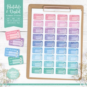 Puede incluir: Una hoja de pegatinas de planificador imprimibles con un diseño de termómetro. Las pegatinas son de varios tonos de azul, rosa, morado y verde. Cada pegatina tiene un espacio para escribir "Time" y "Temp".