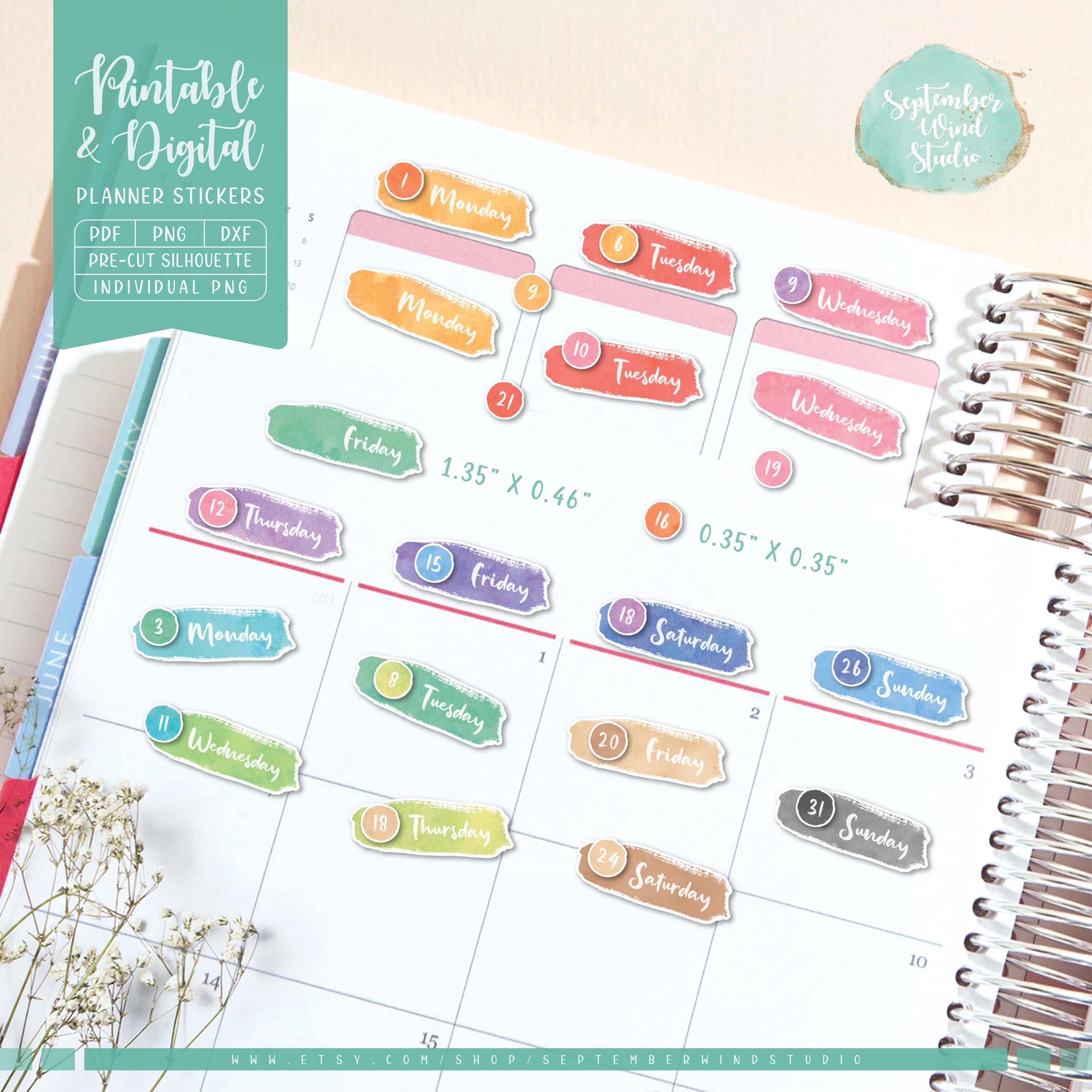 Date Cover Planner Stickers: Watercolor Days (printable & Digital) - Etsy