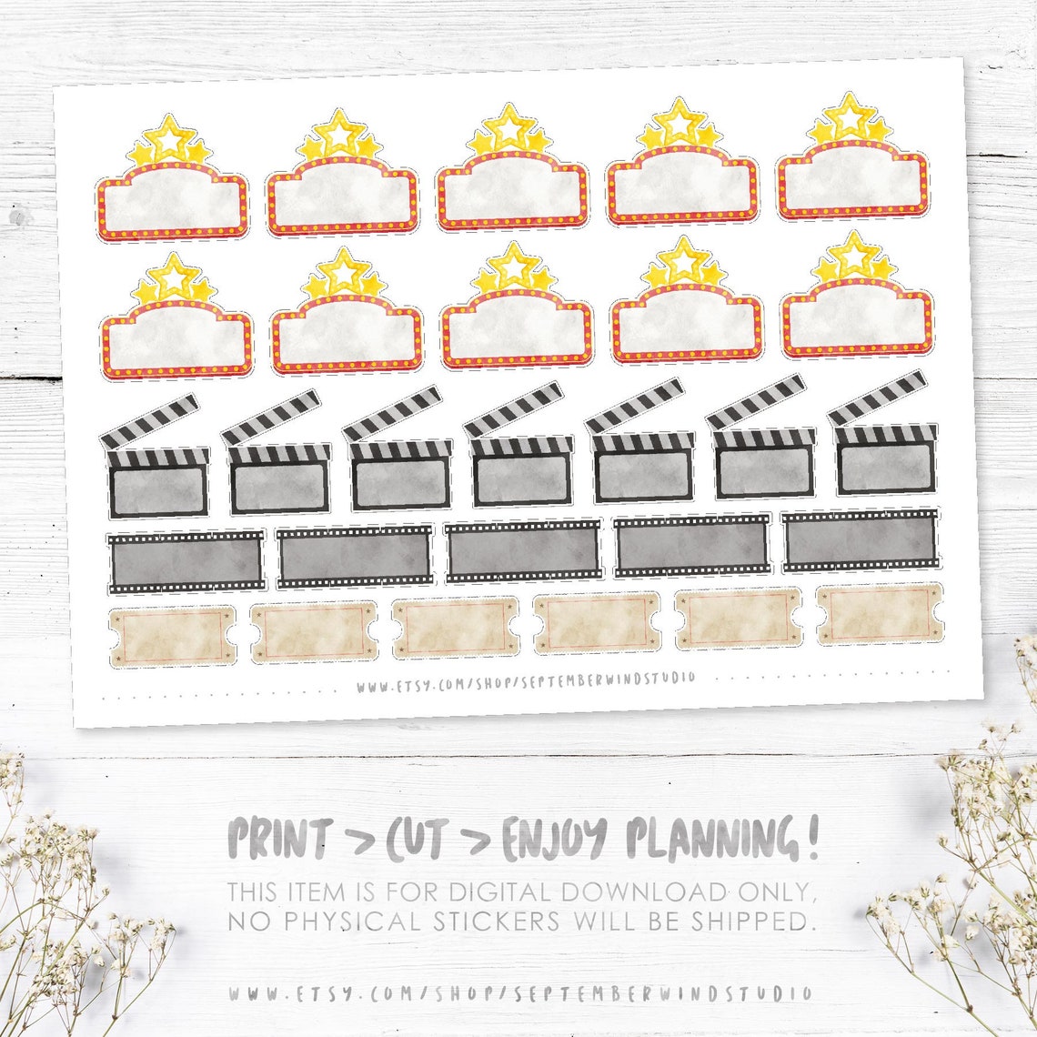 Movie Printable Planner Stickers Watercolor Movie Stickers - Etsy