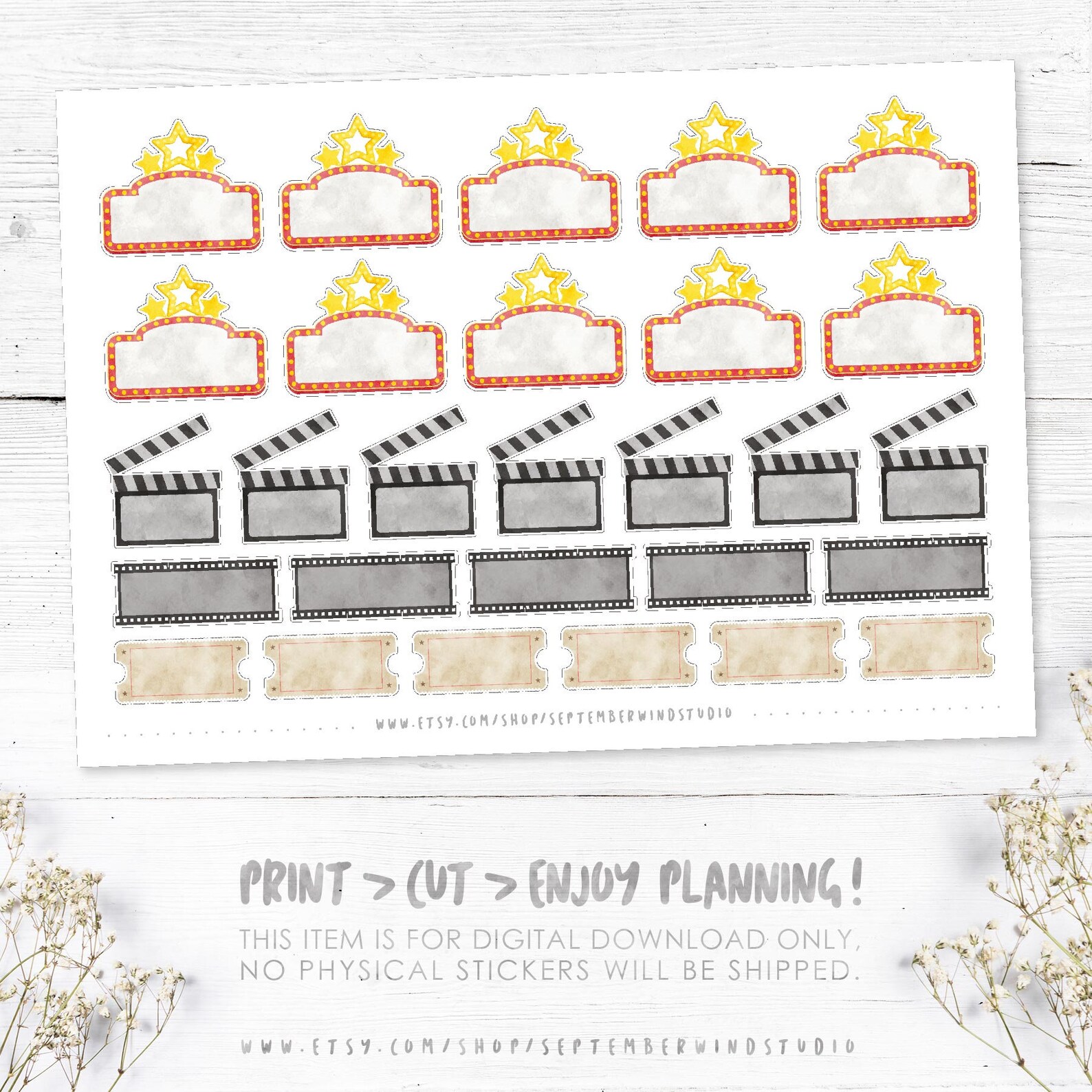 Movie Printable Planner Stickers Watercolor Movie Stickers - Etsy