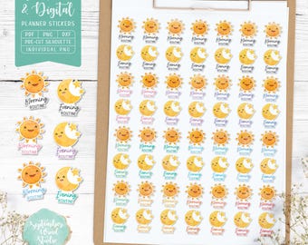 May include: A sheet of printable planner stickers featuring a variety of colorful sun and moon illustrations with the text "Morning Routine" and "Evening Routine".