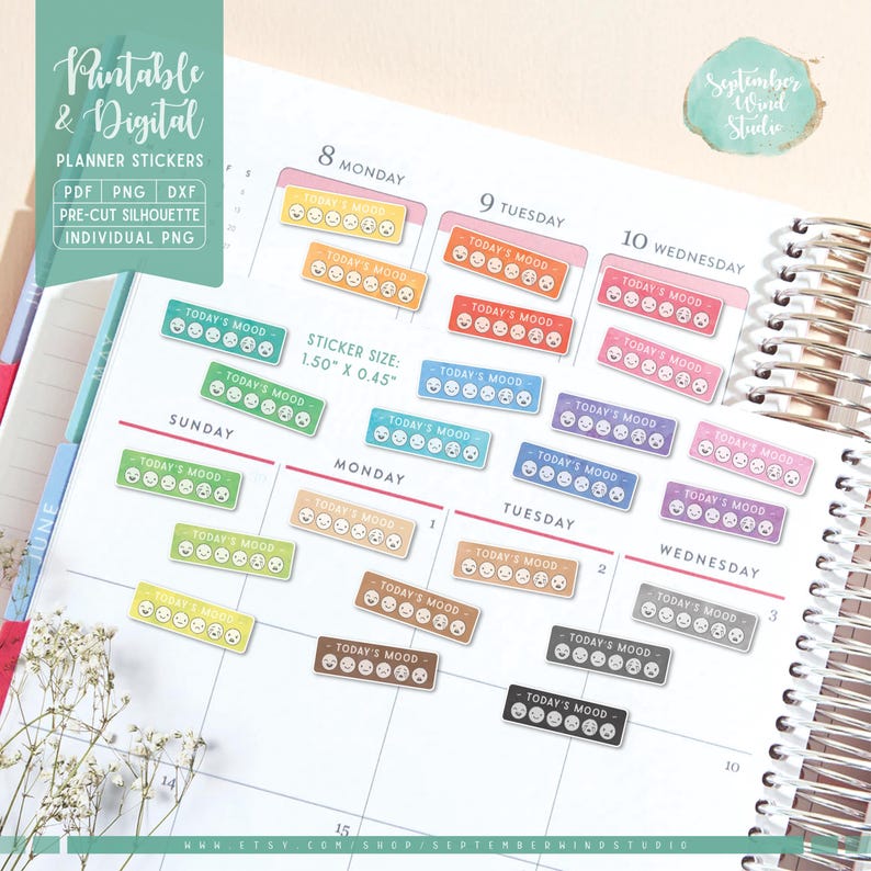 Mood Tracker Planner Stickers: Printable & Digital (PDF, Cricut, Silhouette Studio, Pre-Cropped PNG for Goodnotes) image 3