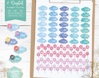 Watercolor Date Cover Planner Stickers, Printable, Pre-Cropped (Digital Download)