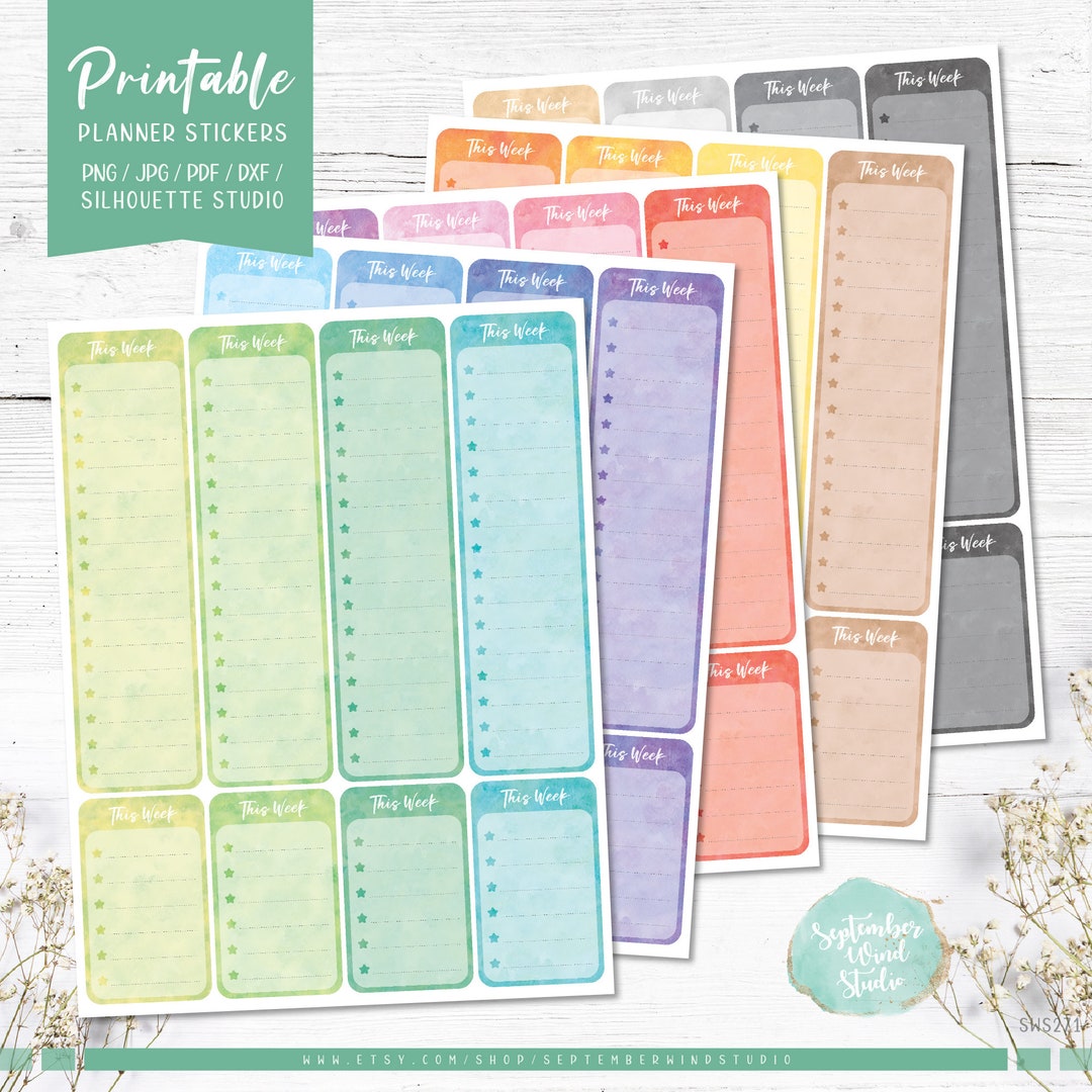 This Week Sidebar Printable Planner Stickers, Watercolor Stickers, Erin ...