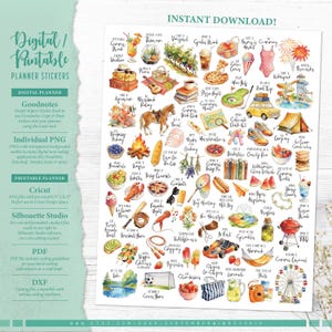 May include: A digital sticker sheet featuring numerous watercolor illustrations of summer activities, including a campfire, a ferris wheel, a grill, a tent, and various food items, each accompanied by handwritten text describing the depicted summer event.