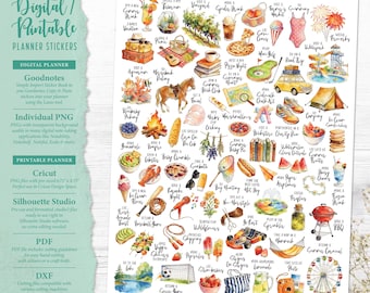 July Bucket List Planner Stickers: Digital & Printable (Goodnotes, Cricut, PDF, Silhouette Studio, Individual PNG)