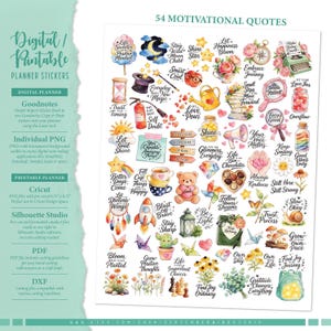 Può includere: Un foglio di adesivi digitali con 54 citazioni motivazionali e illustrazioni ad acquerello tra cui un razzo, un orsacchiotto, fiori, un cactus e vari oggetti. Il testo include frasi come Life is Sweeter with a Positive Mindset e Shine Bright.