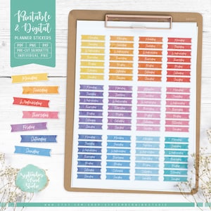 Days of the Week Printable Planner Stickers, Date Cover Planner Stickers, Digital Stickers, Watercolor Stickers, Erin Condren Planner