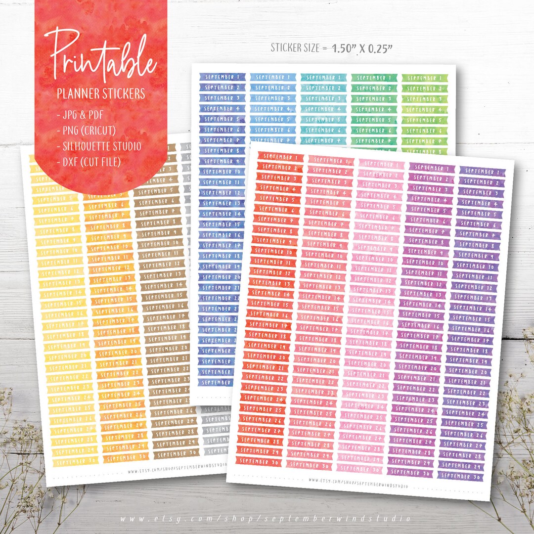 September Dates Printable Planner Stickers, Days of the Month Stickers ...